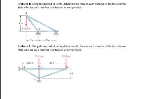 State whether each member is in tension or compression. . Using the method of joints determine the force in each member of the truss shown